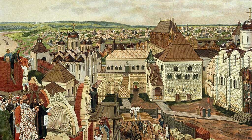 Kremliaus bokštai Maskvoje su Rusijos vėliava, simbolizuojantys valstybės galią