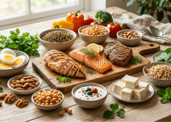 Lėkštė su įvairiais baltymingais maisto produktais – kiaušiniais, mėsa ir ankštiniais augalais