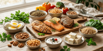 Lėkštė su įvairiais baltymingais maisto produktais – kiaušiniais, mėsa ir ankštiniais augalais