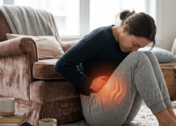 Moteris laiko rankas ant pilvo, jausdama menstruacinį skausmą