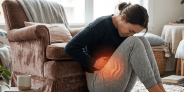 Moteris laiko rankas ant pilvo, jausdama menstruacinį skausmą