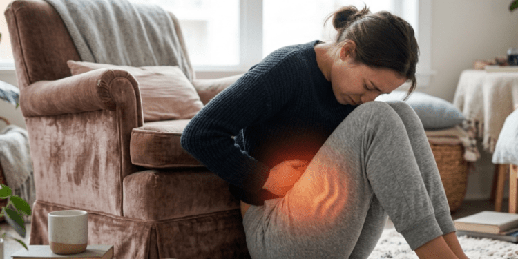 Moteris laiko rankas ant pilvo, jausdama menstruacinį skausmą