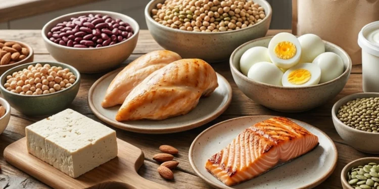 Įvairūs baltymingi maisto produktai sudėlioti ant stalo palyginimui