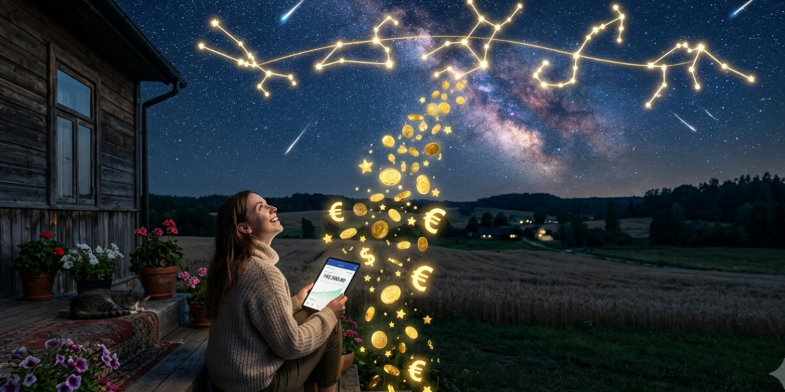 Žvaigždėtas naktinis dangus su zodiako ženklų simboliais