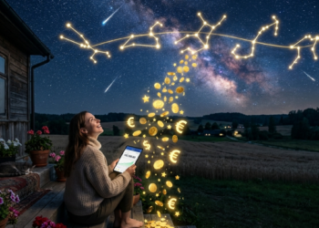 Žvaigždėtas naktinis dangus su zodiako ženklų simboliais