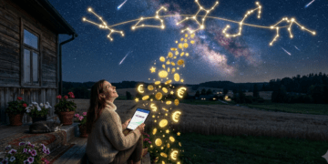 Žvaigždėtas naktinis dangus su zodiako ženklų simboliais