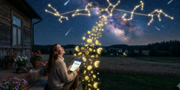 Žvaigždėtas naktinis dangus su zodiako ženklų simboliais