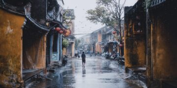 Iliustracija: person, road, street, buildings, rain, nature, rainy, urban, walk, lonely, city, hoi an, vietnam