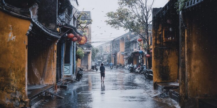 Iliustracija: person, road, street, buildings, rain, nature, rainy, urban, walk, lonely, city, hoi an, vietnam