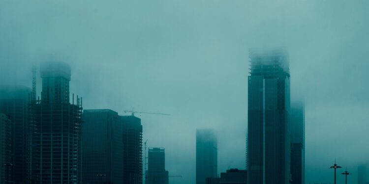 Iliustracija: doomsday style, cyan-blue, foggy day, ruins, city, building, wasteland style, cloudy day, foggy day, city, city, city, city, city, cloudy day, cloudy day
