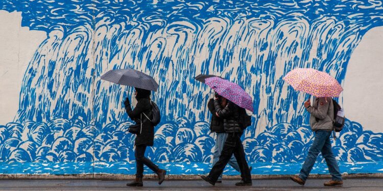 Iliustracija: umbrellas, people, wall, road, rain, graffiti, water, nature, mural, street photography, people walking, rainy day