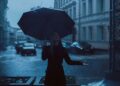 Iliustracija: girl, umbrella, rain, park, autumn, blue, nature, rainy day, blue rain, blue park, blue umbrella
