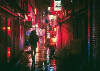 Iliustracija: japan, osaka, nature, night, asia, landmark, travel, japanese, architecture, city, building, tourist, outdoor, street food, street markets, neon, glow, advertising, urban, man, guy, people, traveller, adventure, rain, umbrella