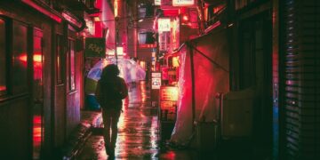 Iliustracija: japan, osaka, nature, night, asia, landmark, travel, japanese, architecture, city, building, tourist, outdoor, street food, street markets, neon, glow, advertising, urban, man, guy, people, traveller, adventure, rain, umbrella