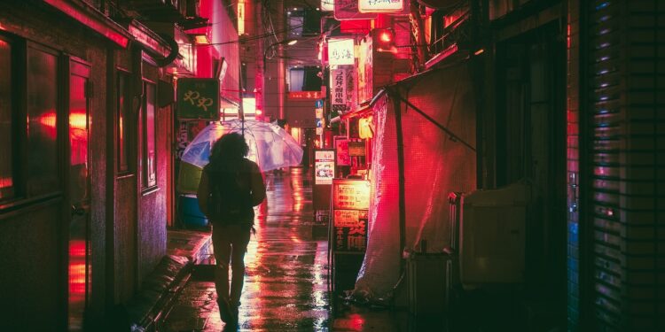 Iliustracija: japan, osaka, nature, night, asia, landmark, travel, japanese, architecture, city, building, tourist, outdoor, street food, street markets, neon, glow, advertising, urban, man, guy, people, traveller, adventure, rain, umbrella