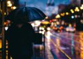 Iliustracija: adult, blur, bokeh, city, evening, light, nature, man, outdoors, person, rain, reflection, road, street, umbrella, we…